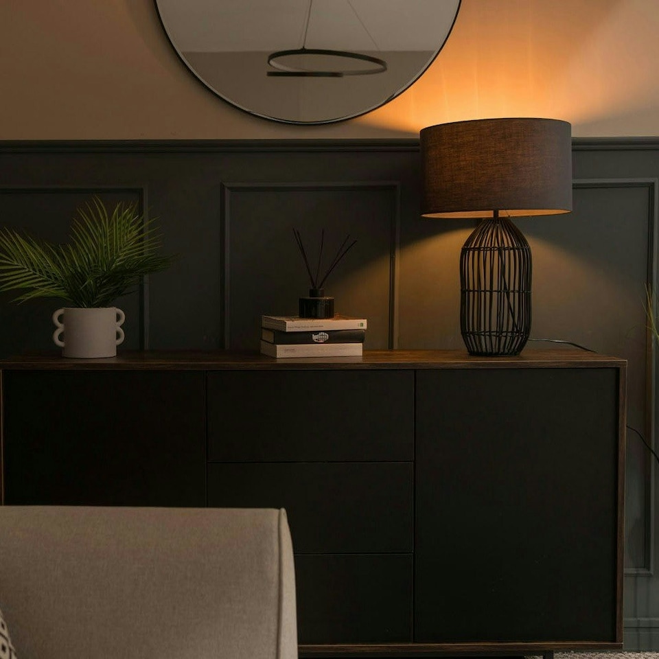image 1 of ValueLights Matt Black Table Lamp Large Dark Grey Drum Shade