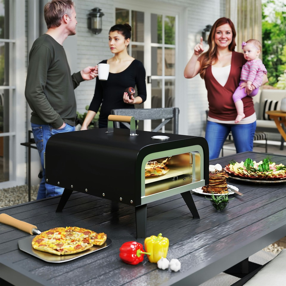 image 1 of Outsunny Outdoor Tabletop Gas Pizza Oven with 12" Pizza Stone & Peel, Black
