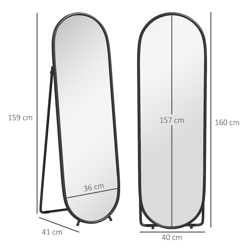 image 1 of HOMCOM 40 160cm Full Length Mirror, Floor Standing or Leaning Against Wall Tall Mirror with Support Frame, Oval Full Body Mirror for Bedroom, Living Room, Black