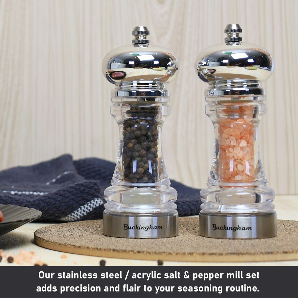 image 1 of Buckingham Clear Acrylic Classic Salt & Pepper Mill Set with Stainless Steel Band