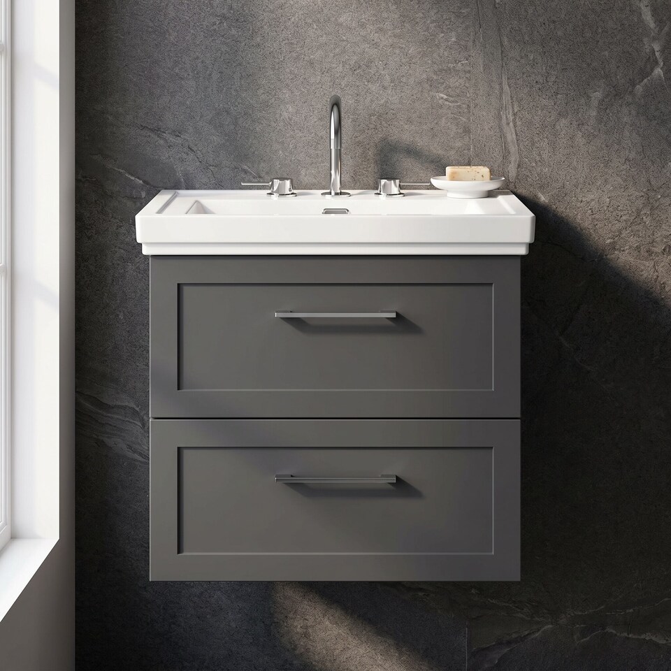 image 1 of Balterley Stonnall Traditional Wall Hung 2 Drawers Vanity Unit with Traditional 3 Tap Hole Fireclay Basin, 600mm, Dark Grey