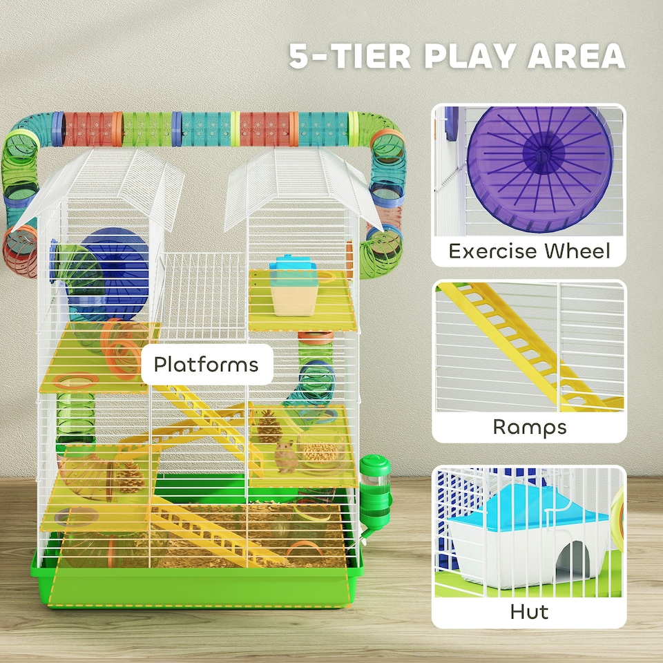 image 1 of PawHut 5 Tiers Hamster Cage Animal Travel Carrier Habitat, Green