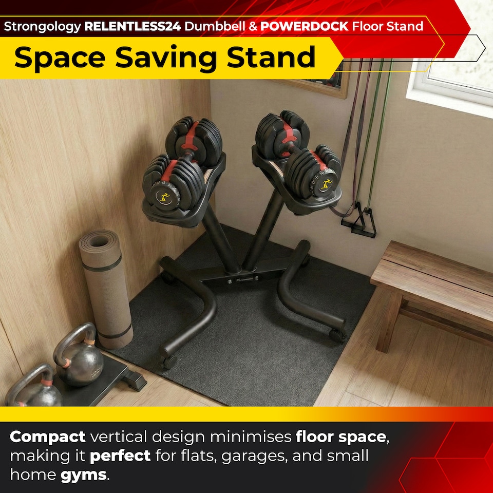 image 1 of Strongology RELENTLESS24 Adjustable Dumbbell Pair (2.5-24kg) and POWERDOCK Stand 15-in-1 Quick-Select Weights Home Gym Bundle