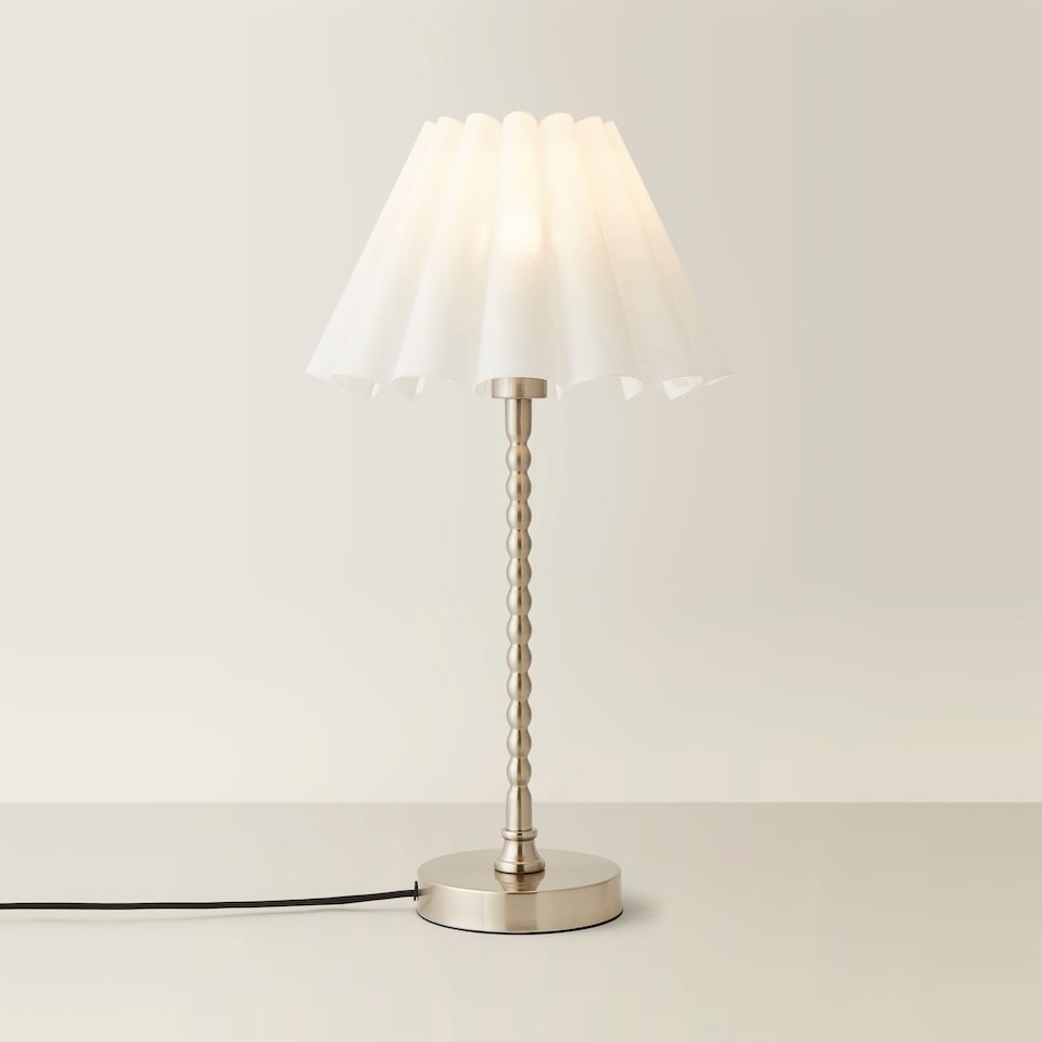 image 1 of ValueLights Maeve White Scallop Shade Brushed Chrome Bobbles Table Lamp | Silver