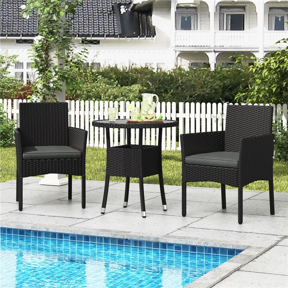 image 1 of Yaheetech 3-Piece Rattan Furniture Set, Woven PE Rattan Chairs & 1 Tempered-Glass Side Table-Black&Grey | Multi | Black/Grey