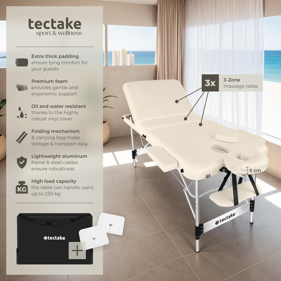 image 1 of Massage Table Phuket - 3 zones, 70 cm wide, aluminium frame, carry bag and masks | Cream | beige | 1
