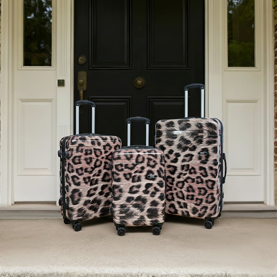 image 1 of OHS 4 Wheel Leopard Print Hard Shell Travel Luggage Suitcase Set of 3 | Multi | Leopard | 3