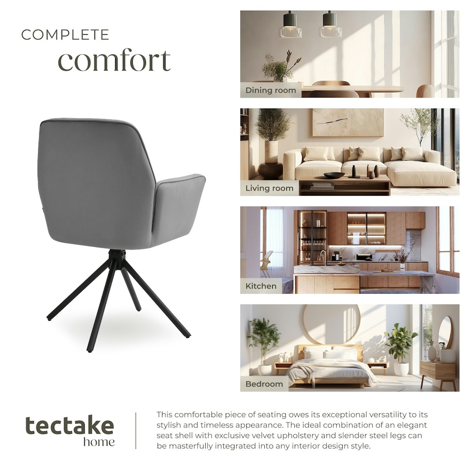 image 1 of Swivel Chair Lenia - upholstered, padded, 56.5 x 54 x 86 cm - Set of 2 Grey | Velvet Look Anthracite/Black