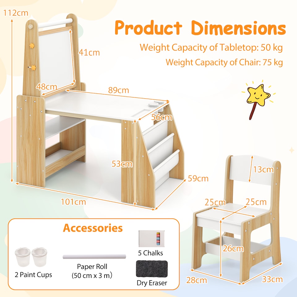 image 1 of COSTWAY Kids Art Table and Chair Set Multifunctional Kids Activity-Natural
