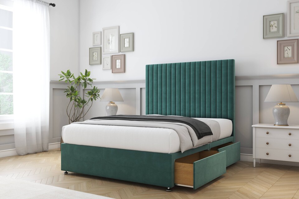 image 1 of Sloomy Manhattan Emerald Plush Divan Bed Base 2 Drawers Foot-End With 54 Inch Floor Standing Headboard | Green | Emerald | Double | 1