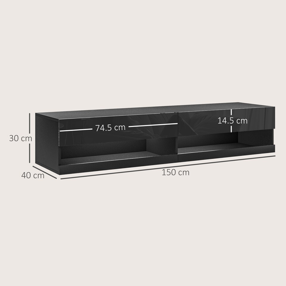 image 1 of HOMCOM Floating TV Unit, Wall Mounted TV Cabinet for TVs up to 65 , High Gloss Media Wall Unit with LED Lights, Storage Shelves for Living Entertainment Room, Black