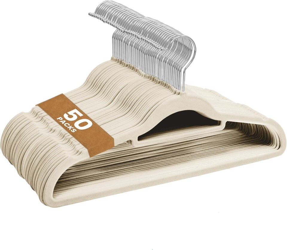 image 1 of Sasha Morel 50-Pack Cream Velvet Coat Hangers, Non-Slip Space-Saving Clothes Hangers
