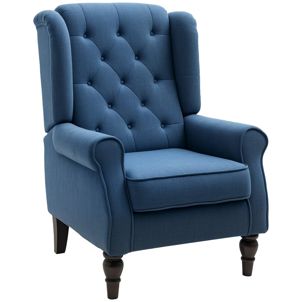 image 1 of HOMCOM Retro Accent Chair, Snow Flannel Wingback Armchair with Wood Frame Button Tufted Design for Living Room Bedroom, Blue