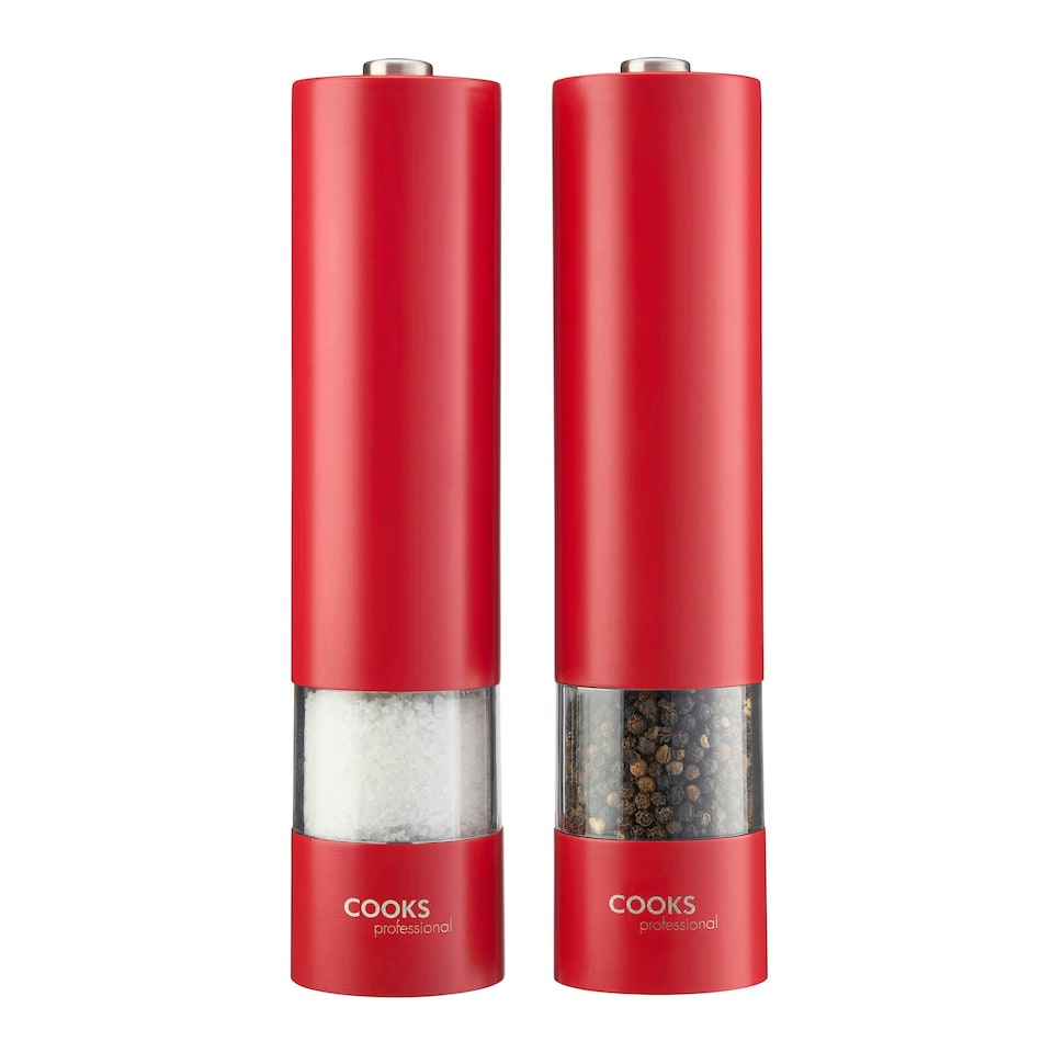 image 1 of Cooks Professional Electric Salt & Pepper Mill Set with Bamboo Base | Adjustable Grind Settings | Simple One-Button Operation | Red