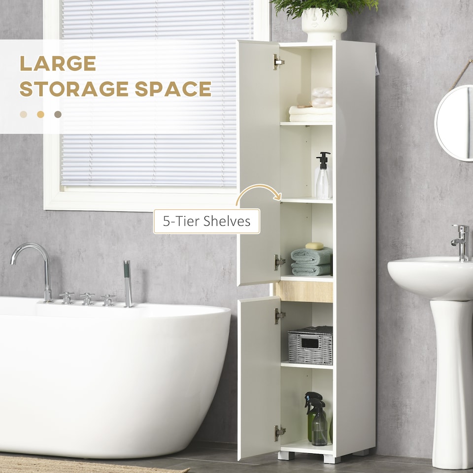 image 1 of kleankin Tall Bathroom Cabinet with Adjustable Shelves, 5-Tier Modern Freestanding Tallboy with Storage Cabinets, White