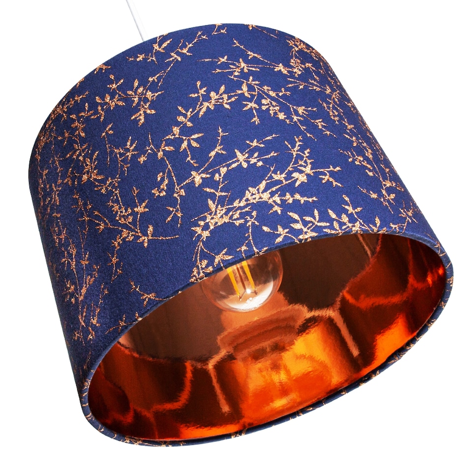 image 1 of Modern Navy Blue Cotton Fabric 12 Inch Lamp Shade with Copper Foil Floral Decoration | Blue