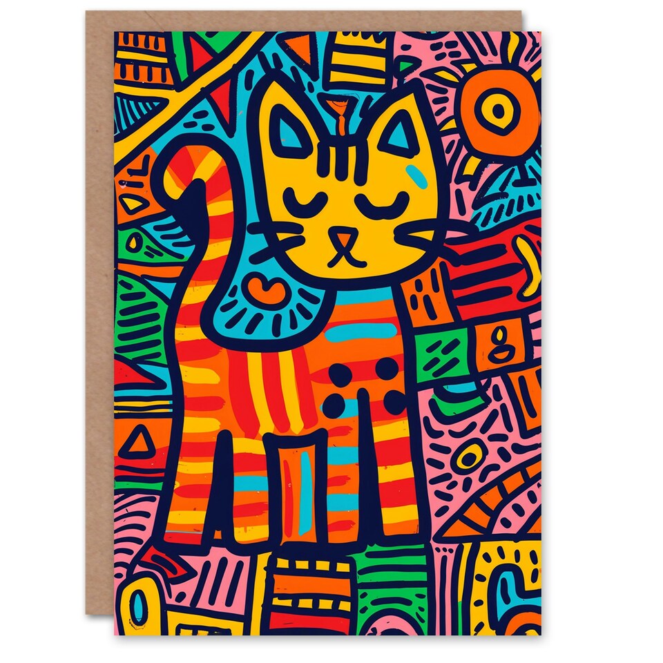 image 1 of Pet Cat Lover Colourful Folk Art Pattern Child Birthday Card