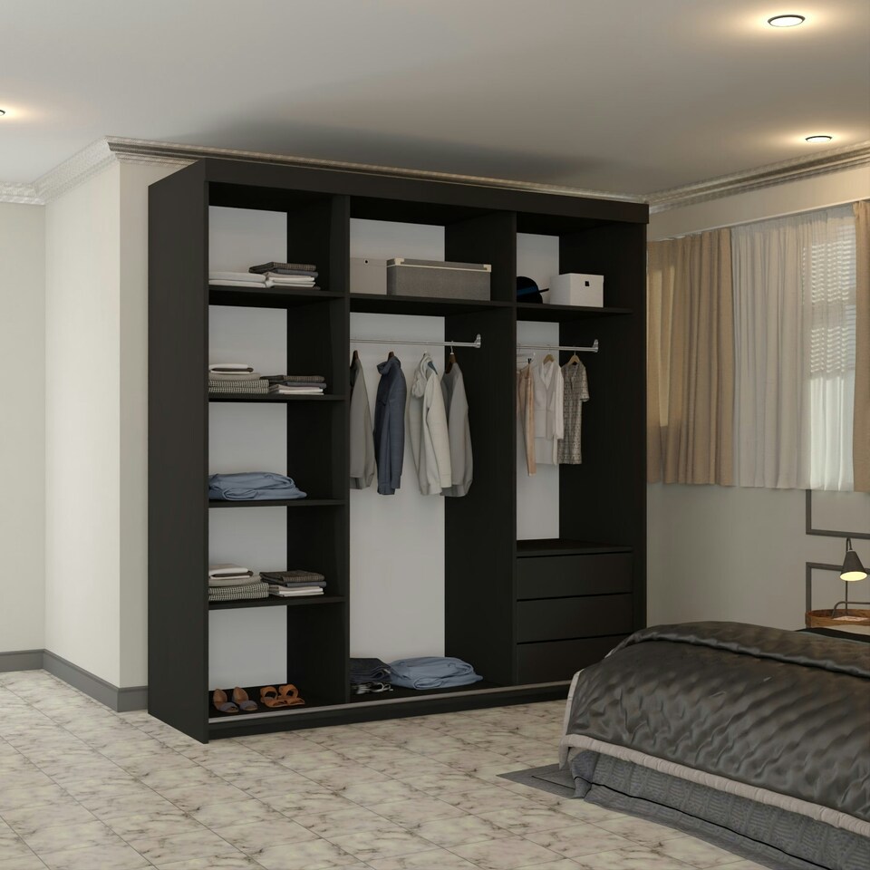 image 1 of Full Mirror Sliding Door Wardrobe in White, Black & Grey Colors - 203cm Black | 203cm