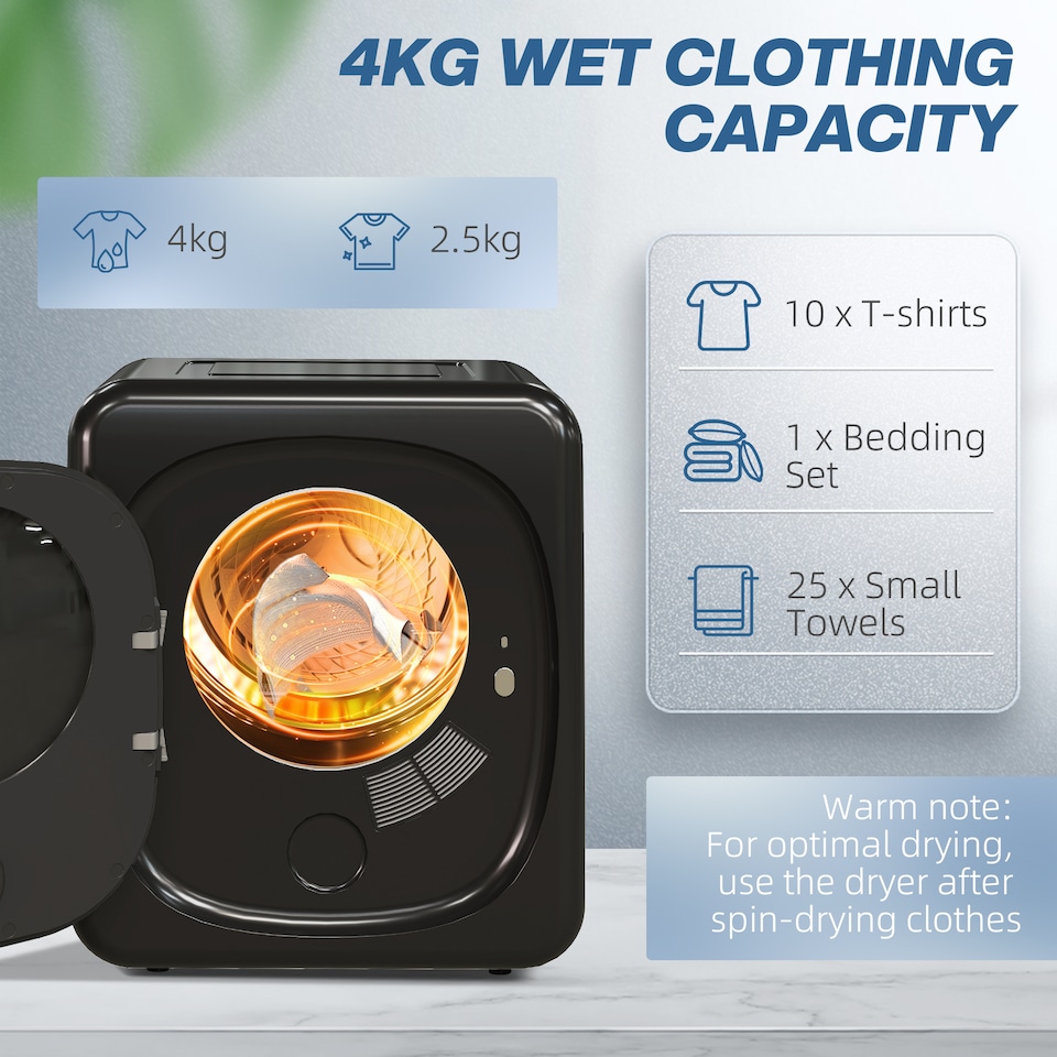 image 1 of HOMCOM 2.5 kg 800W Vented Tumble Dryer with Deodorize, Smart Mode, Black