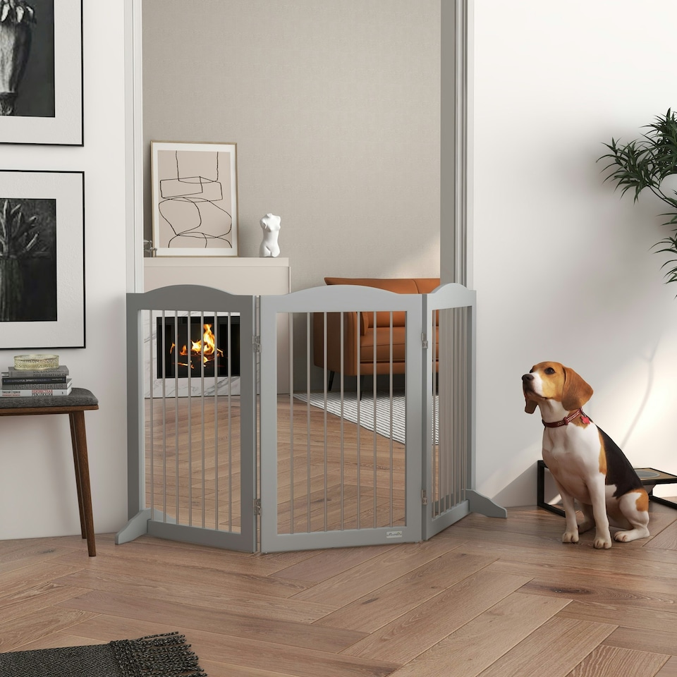 image 1 of PawHut Foldable Dog Gate, Freestanding Pet Gate with Two Support Feet - Grey