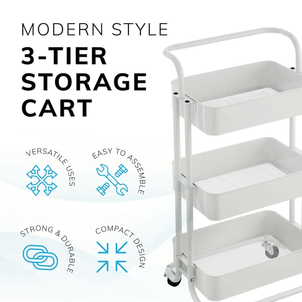 image 1 of 3 Tier Storage Cart On Wheels Home Kitchen Office Bath-Bedroom Organiser White White