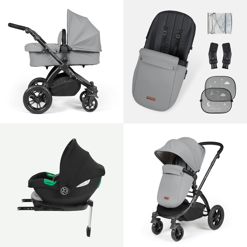 image 1 of Stomp Luxe 12pc Travel System with Cirrus i-Size Car Seat & ISOFIX Base, Carrycot, Reversible Seat, Rain Cover & More (Black/Pearl Grey/Black)