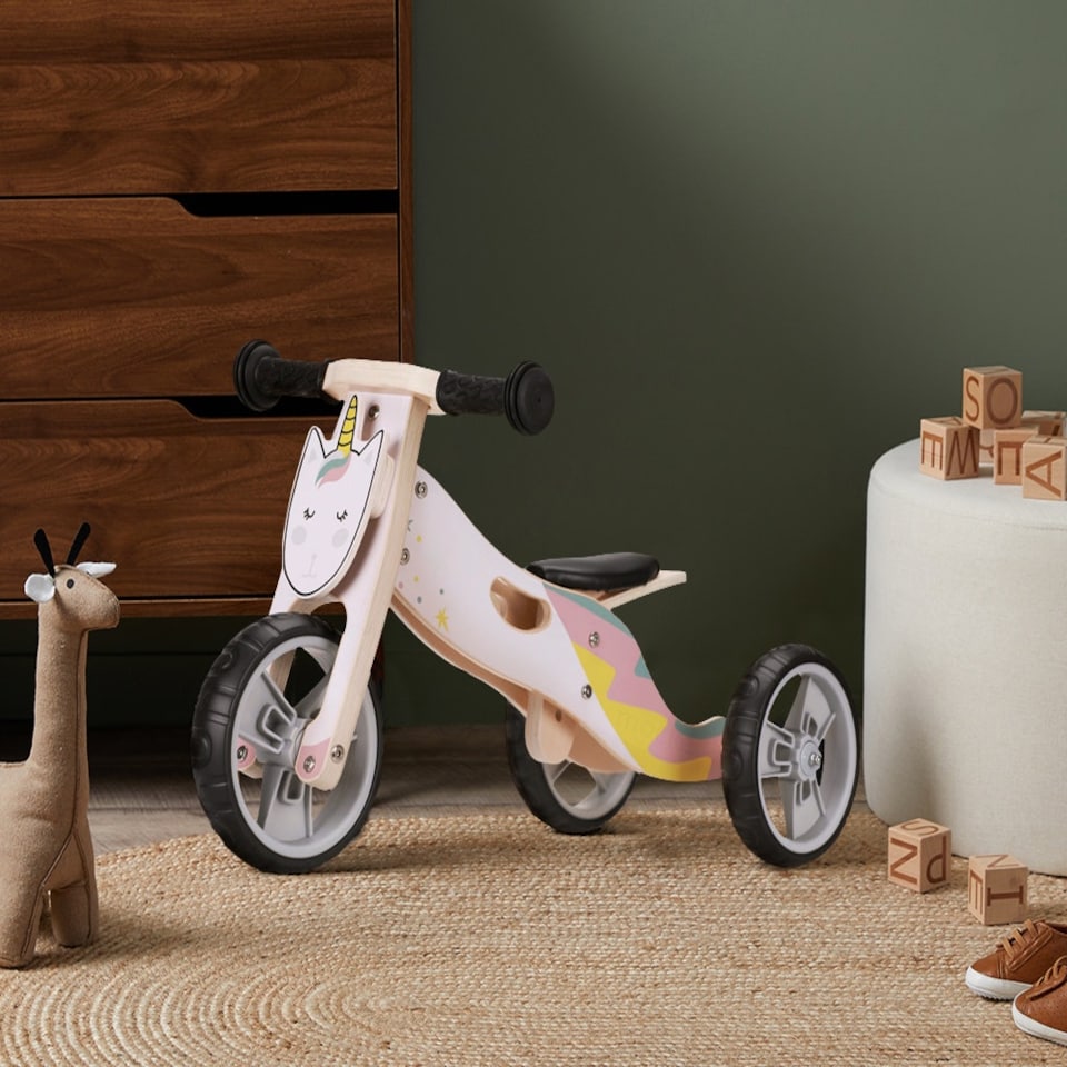 image 1 of Hooga 2-in-1 Balance Bike - Wooden Trike for Kids - Unicorn Pink