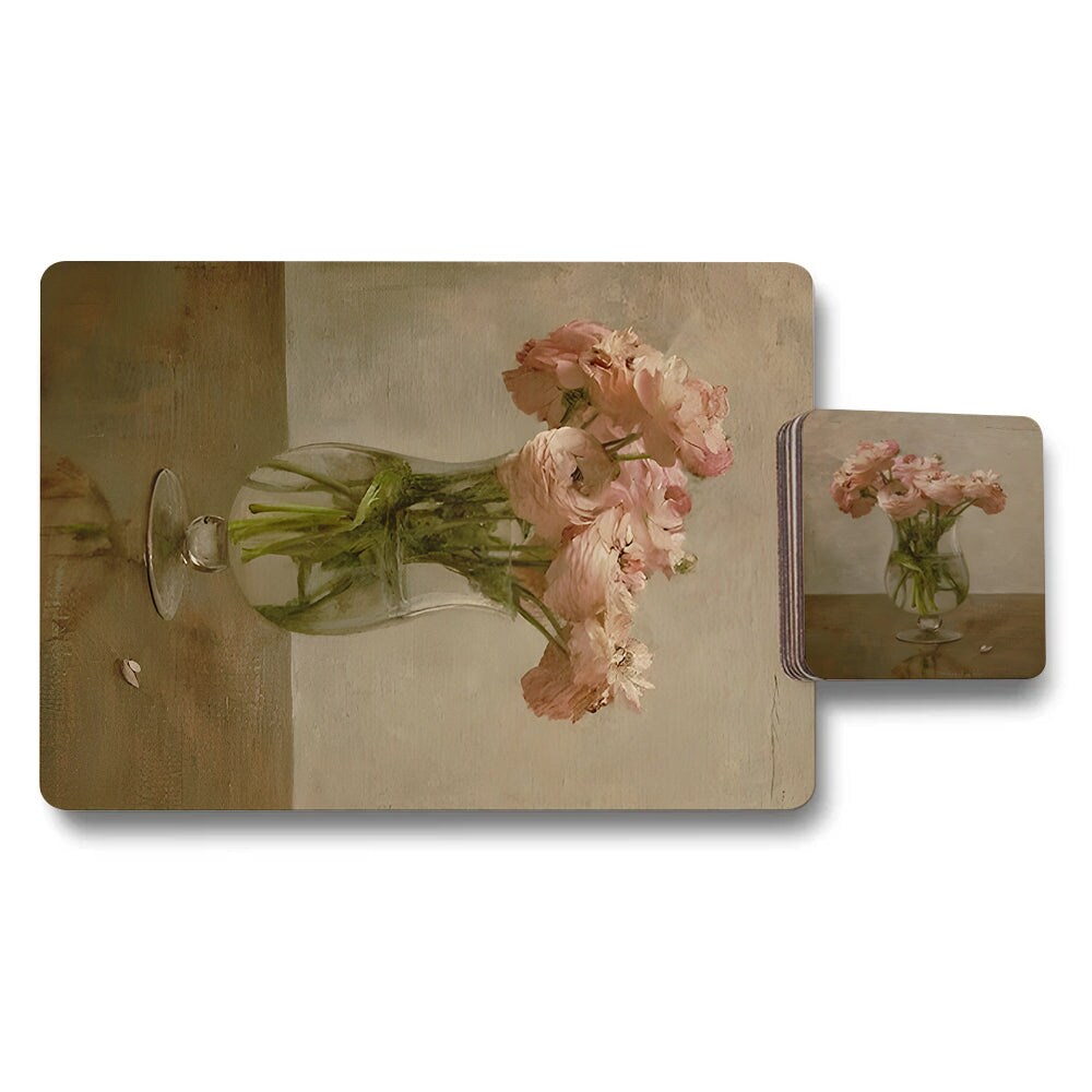 Set Of 12 Placemat Coaster Set With Vintage Floral Vase Artwork Limited Edition High Print Technology And Wood Backing