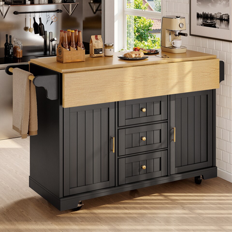 image 1 of VILUXE Kitchen island, cabinet, sideboard 120 x 40 (80) x 95 cm, extendable kitchen trolley with casters, extendable on both sides, with towel rail and spice rack, two doors, three drawers, black/white