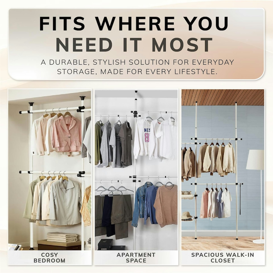 image 1 of Telescopic Wardrobe Organiser Double White Rail Clothes Rack Baskets Storage White | One Size