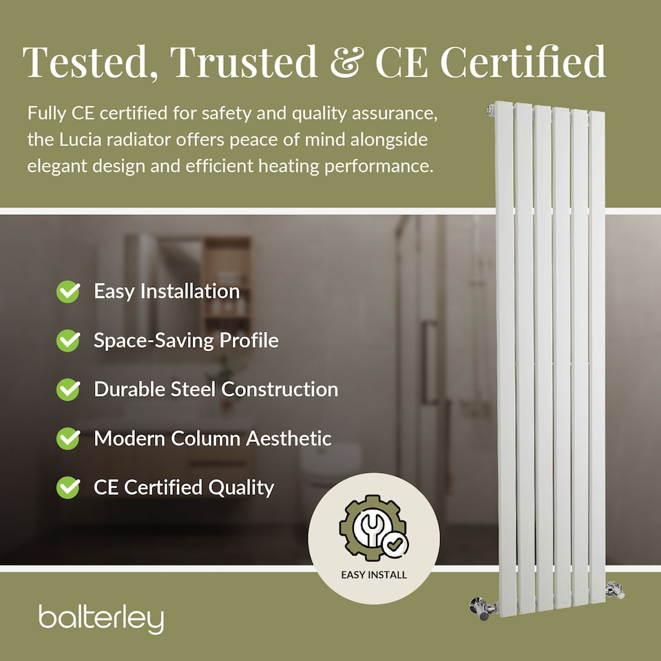 image 1 of Lucia Square Vertical Single Panel Radiator 1500 x 354mm - Satin White | White | Satin White | 1