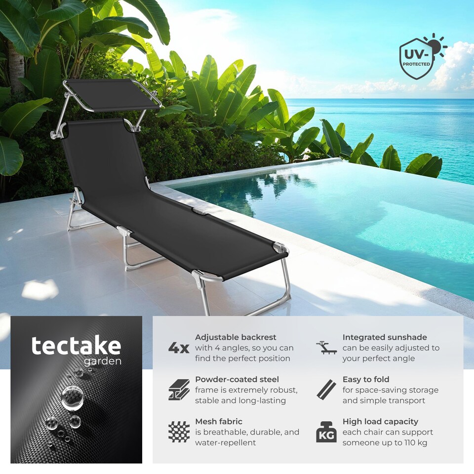 image 1 of Sun Lounger Set of 2 - foldable, adjustable sunshade and 4-step backrest | Black | black | 2