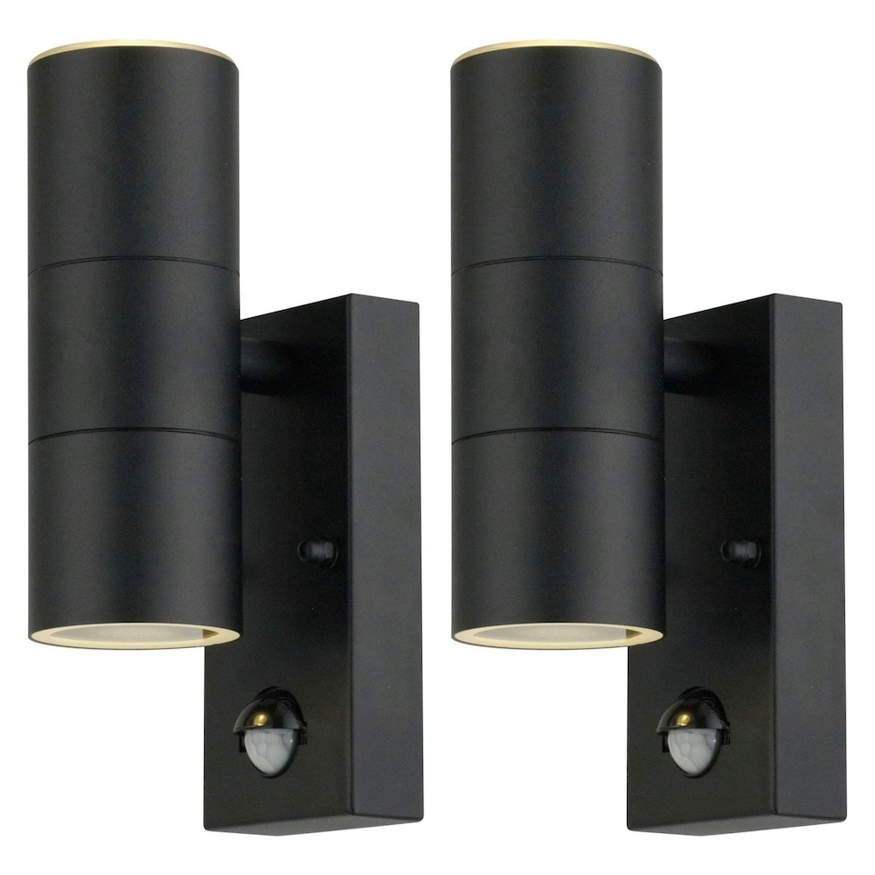 image 1 of First Choice Lighting Set of 2 Blaze Black Outdoor Up Down Motion Sensor Wall Lights Black | Clear