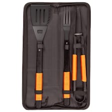 BobbyQ 3pc Orange Rope Wooden BBQ Tools Set - Outdoor Kitchen Camping Barbecue Grill Cooking Utensils Accessories Gift Kit for Men with Bag