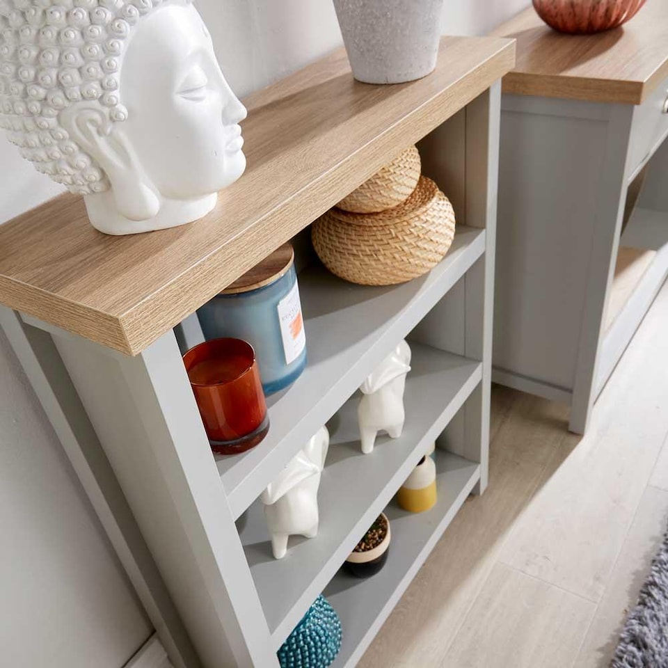 image 1 of Grey Oak Low Bookcase Display Unit 3 Bookshelves DVD Storage Two Tone