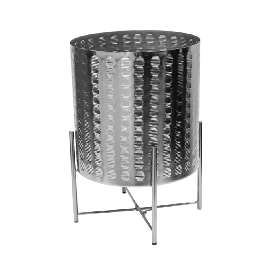 image 1 of Zendaya Embossed Metal Planter with Stand - Mild Steel - L27 x W27 x H40 cm - Silver | Silver