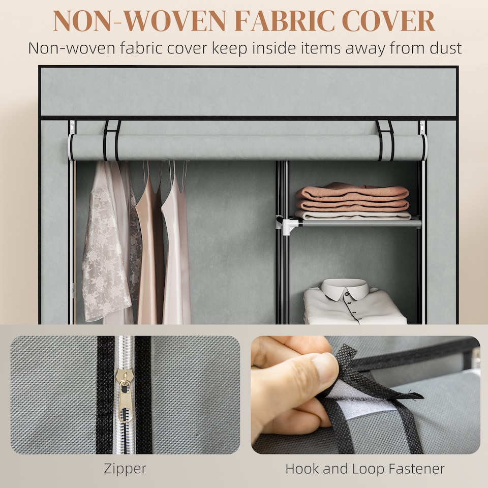 image 1 of HOMCOM Fabric Wardrobe w/ Shelves Hanging Rail Foldable Wardrobe Light Grey