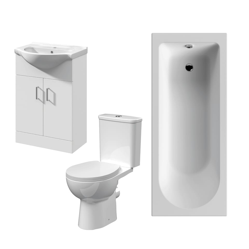 1700mm Bathroom Suite with Round Single Ended Bath Tub, Front Panel, 550mm Vanity Basin Unit and Toilet and Seat - Gloss White White