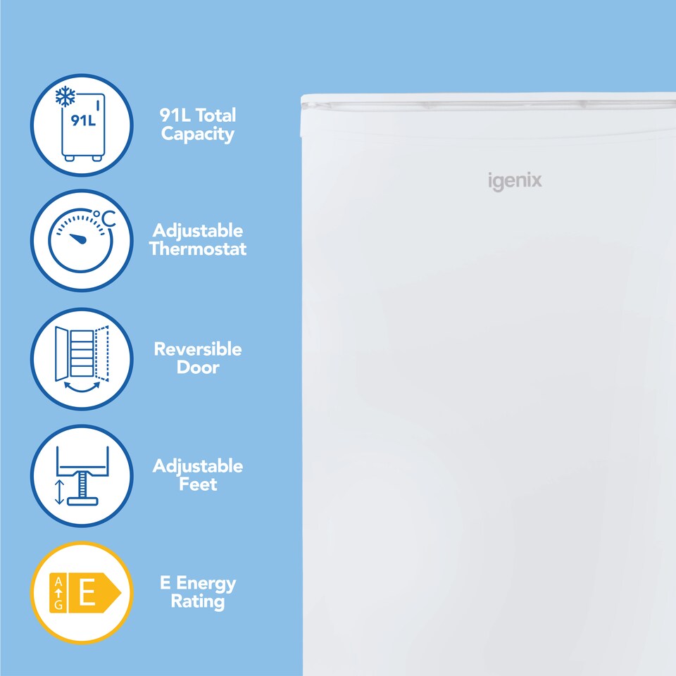 image 1 of Igenix IG3920 Freestanding Under Counter Fridge and Chill Compartment, 2 Glass Shelves and Salad Drawer, One Bottle Shelf and Egg Rack, 48 cm Wide, White