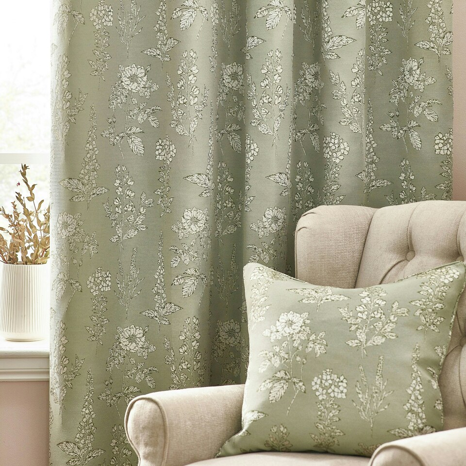 image 1 of Wylder Floral Jacquard Sage Eyelet Curtains (W)168cm x (D)183cm | Multi