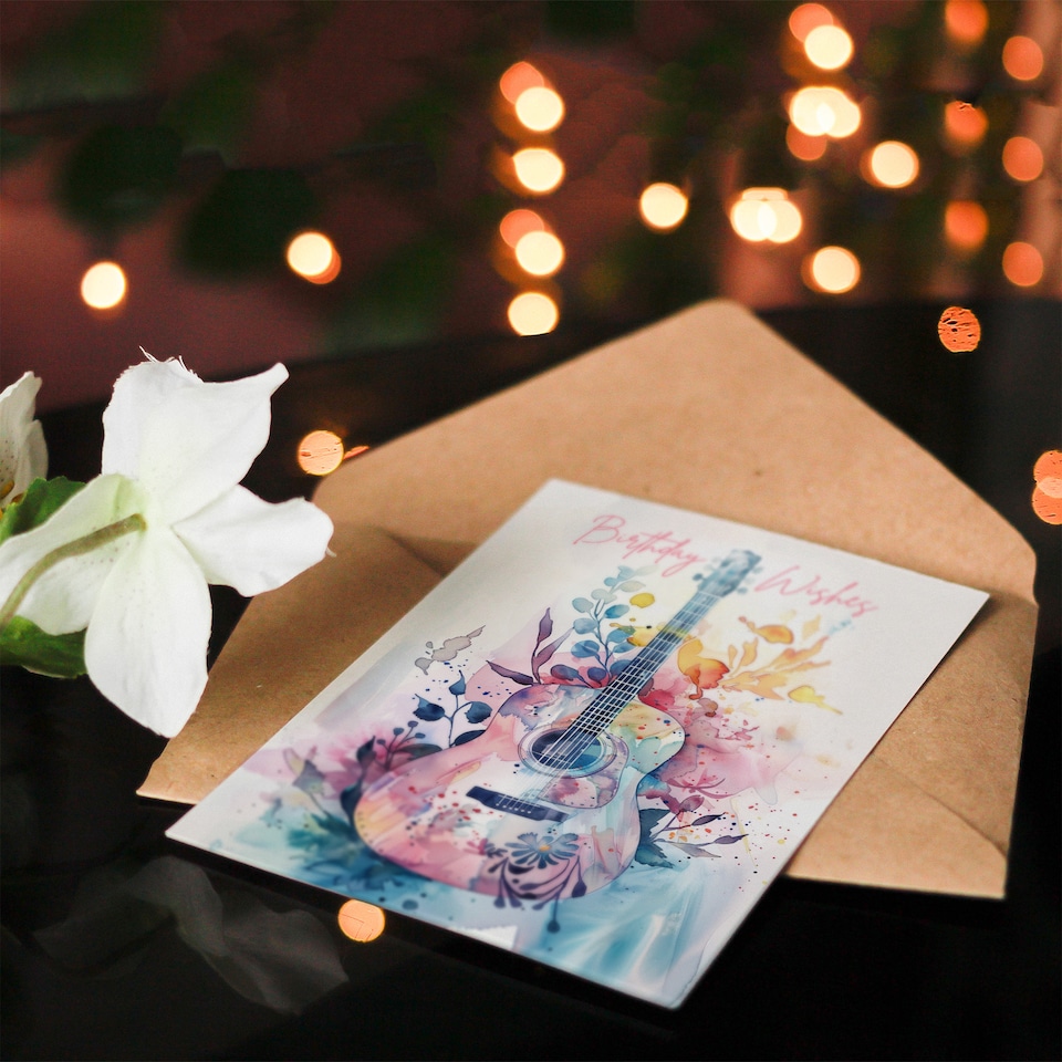 image 1 of Indie Music Acoustic Guitar Floral Watercolour Birthday Card
