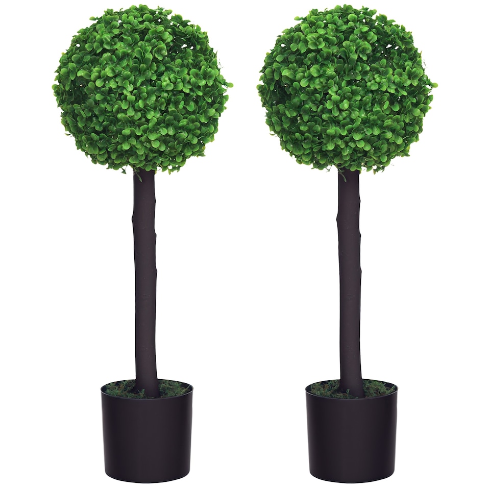 image 1 of HOMCOM Set of 2 Decorative Artificial Trees, Topiary Ball-shaped Boxwood Trees in Pot, Fake Plants for Home Indoor outdoor Decor, 60cm, 1 Tree Balls