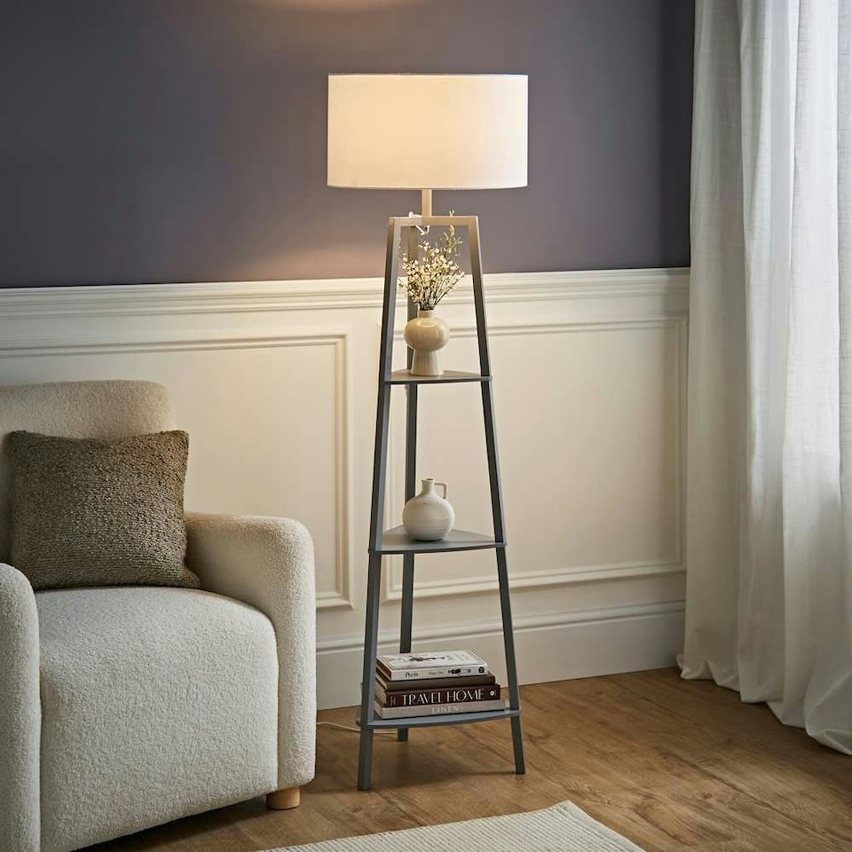 image 1 of ValueLights Hiru Grey 3 Tier Shelf Floor Lamp White Shade & Bulb | Grey