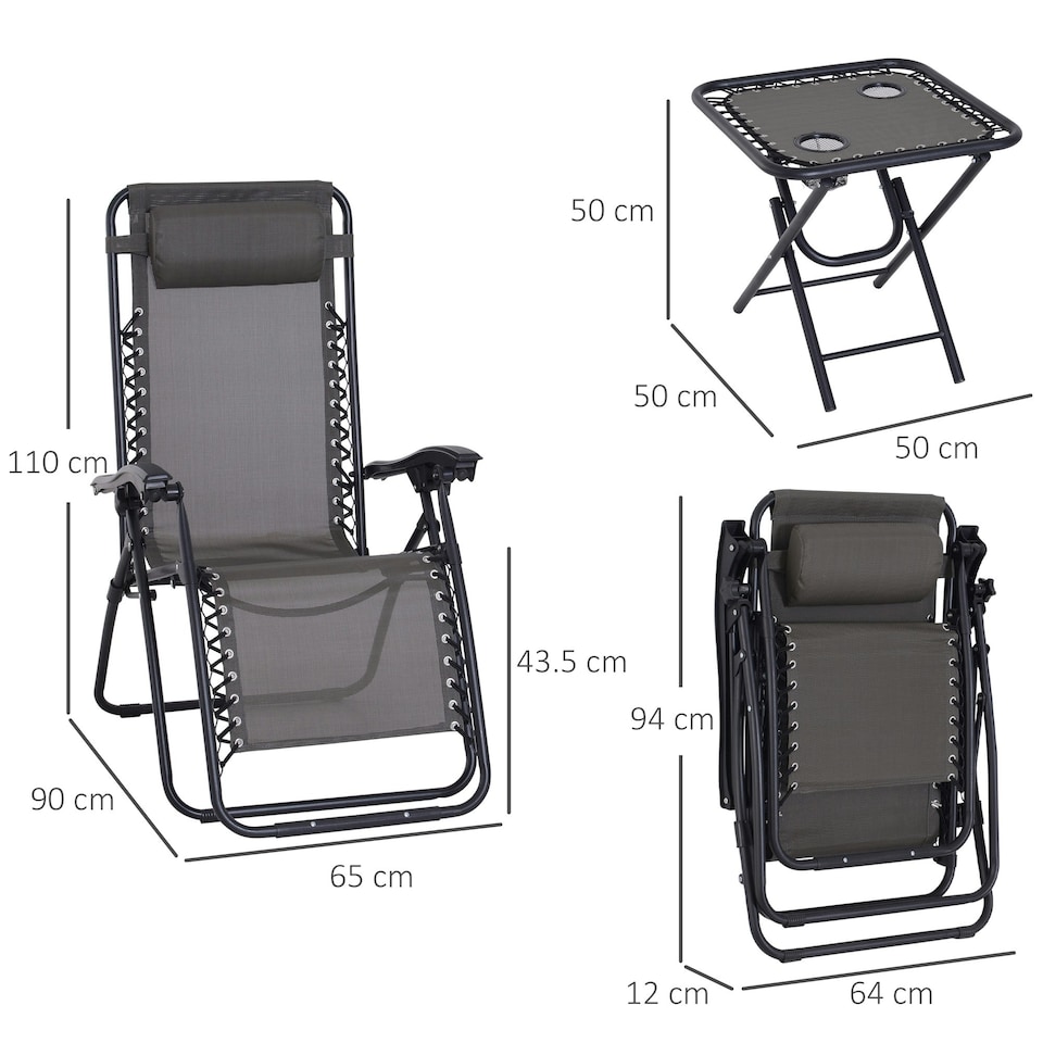 image 1 of Outsunny 3PC Zero Gravity Chairs Sun Lounger Table Set Dark Grey