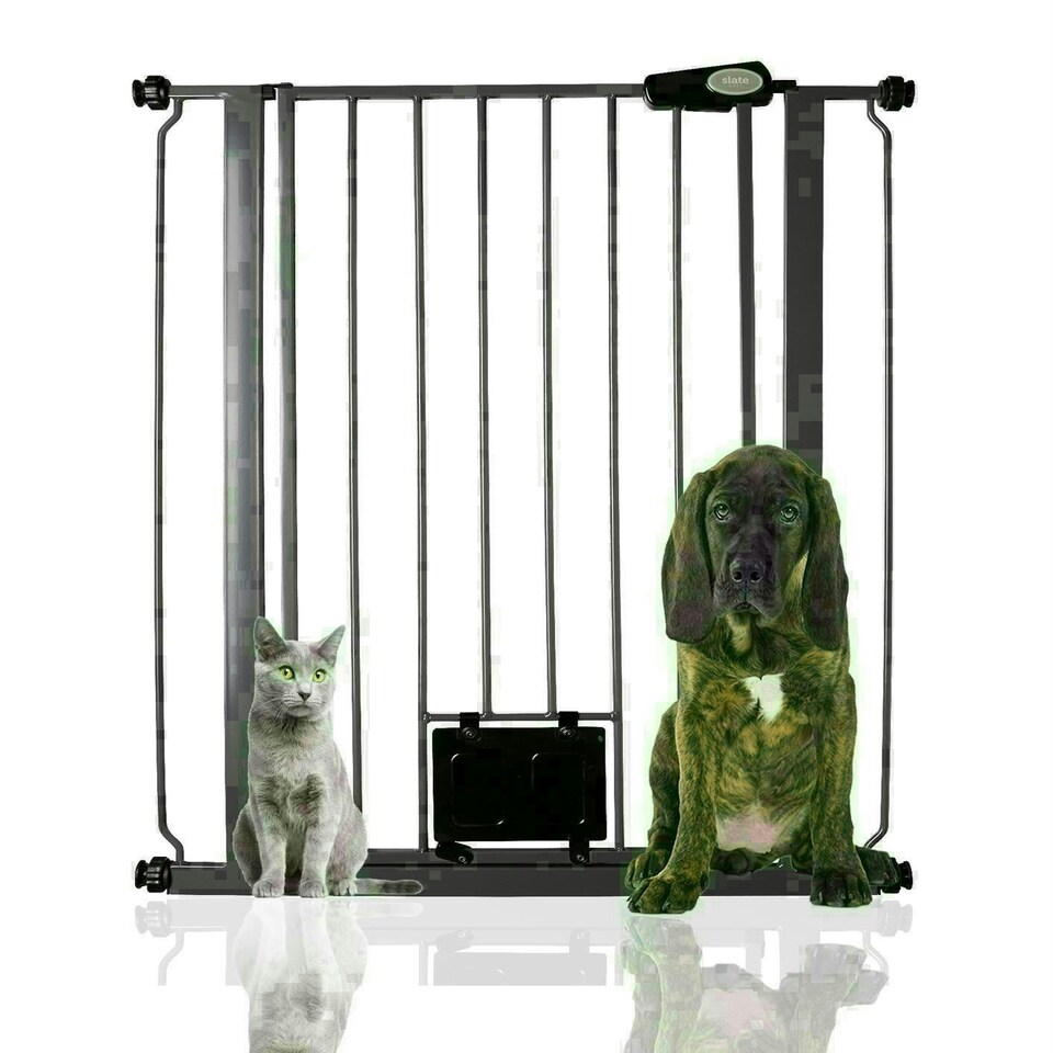 image 1 of Bettacare Pet Gate with Lockable Cat Flap, 75cm - 84cm, Slate Grey, 104cm in Height