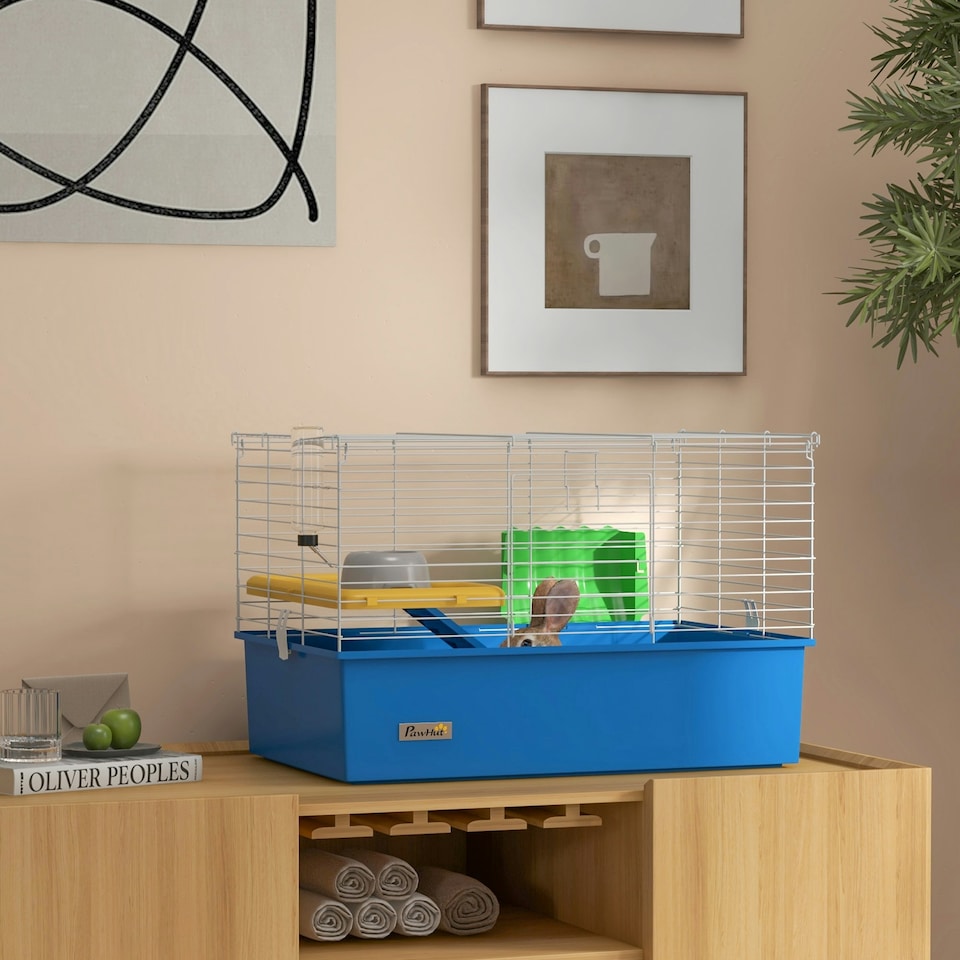 image 1 of PawHut Small Animal Cage, Rabbit Guinea Pig Hutch, Pet Playhouse, Blue