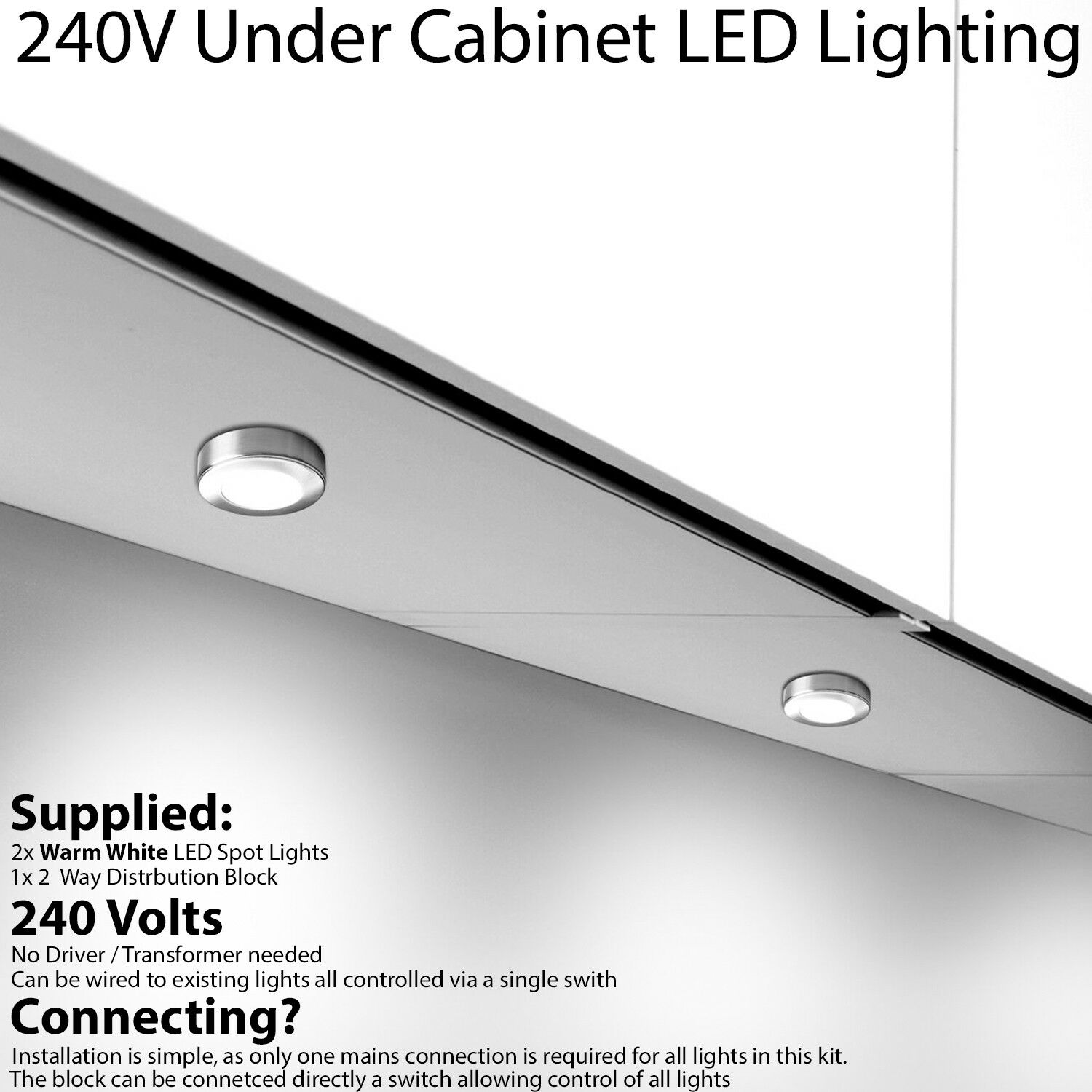 Loops 2x BRUSHED NICKEL Round Surface or Flush Under Cabinet Kitchen Light Kit - 240V Mains Powered - Warm White LED in Metallics