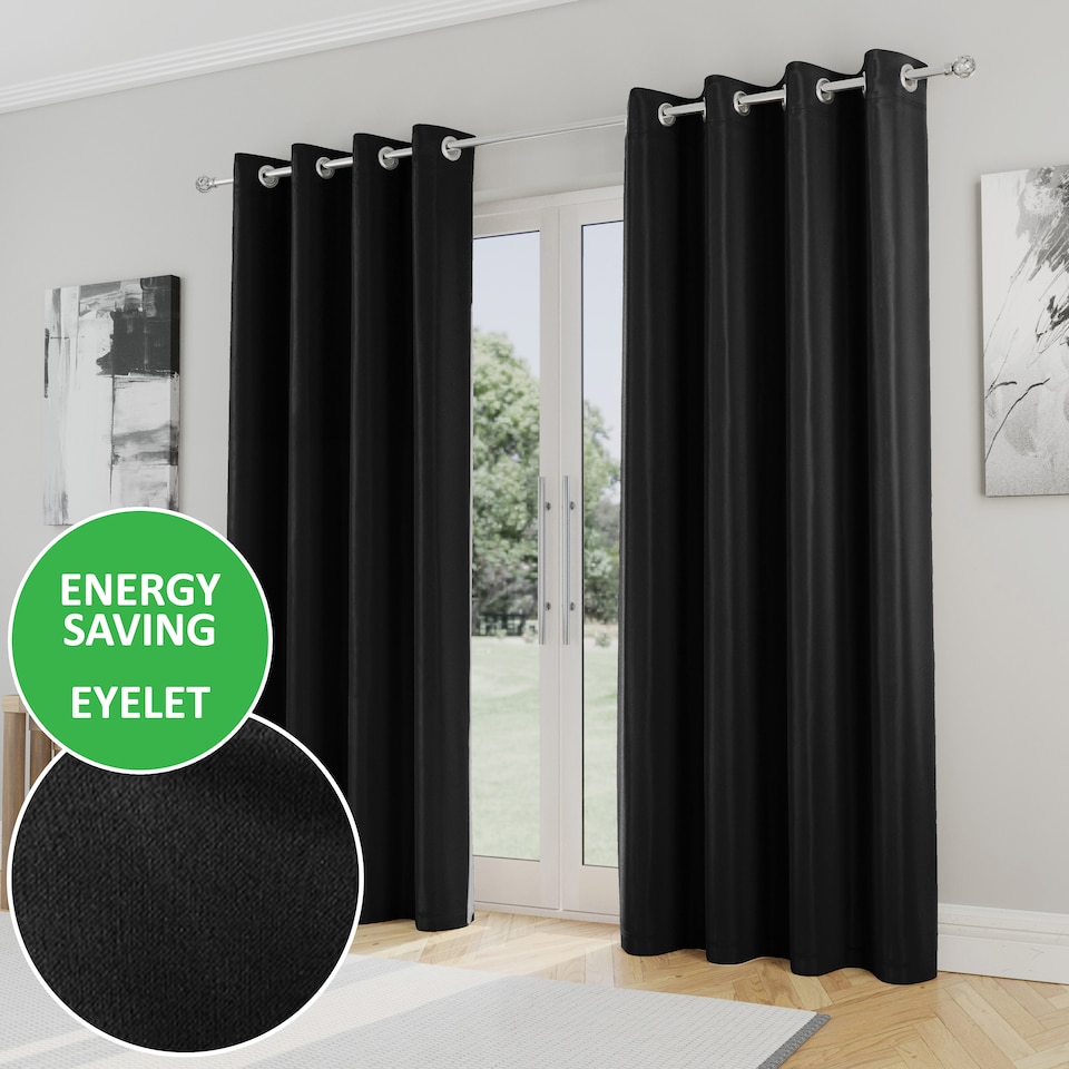 image 1 of Enhanced Living Nightfall Plain Supersoft Black Thermal Blockout Eyelet Curtains (PAIR) - 66 x 54 inch (168 x 137cm)