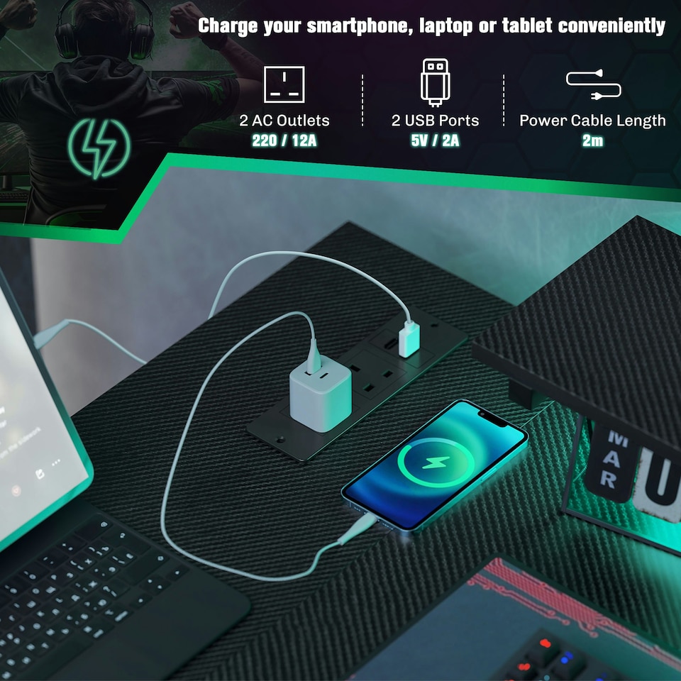 image 1 of HOMCOM L Shaped Desk with LED Lights Reversible Corner Gaming Desk with Storage
