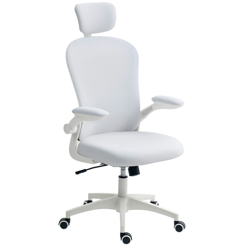 image 1 of Vinsetto Mesh Chair with Headrest, 4D Lumbar Support, Flip-up Arm, White White